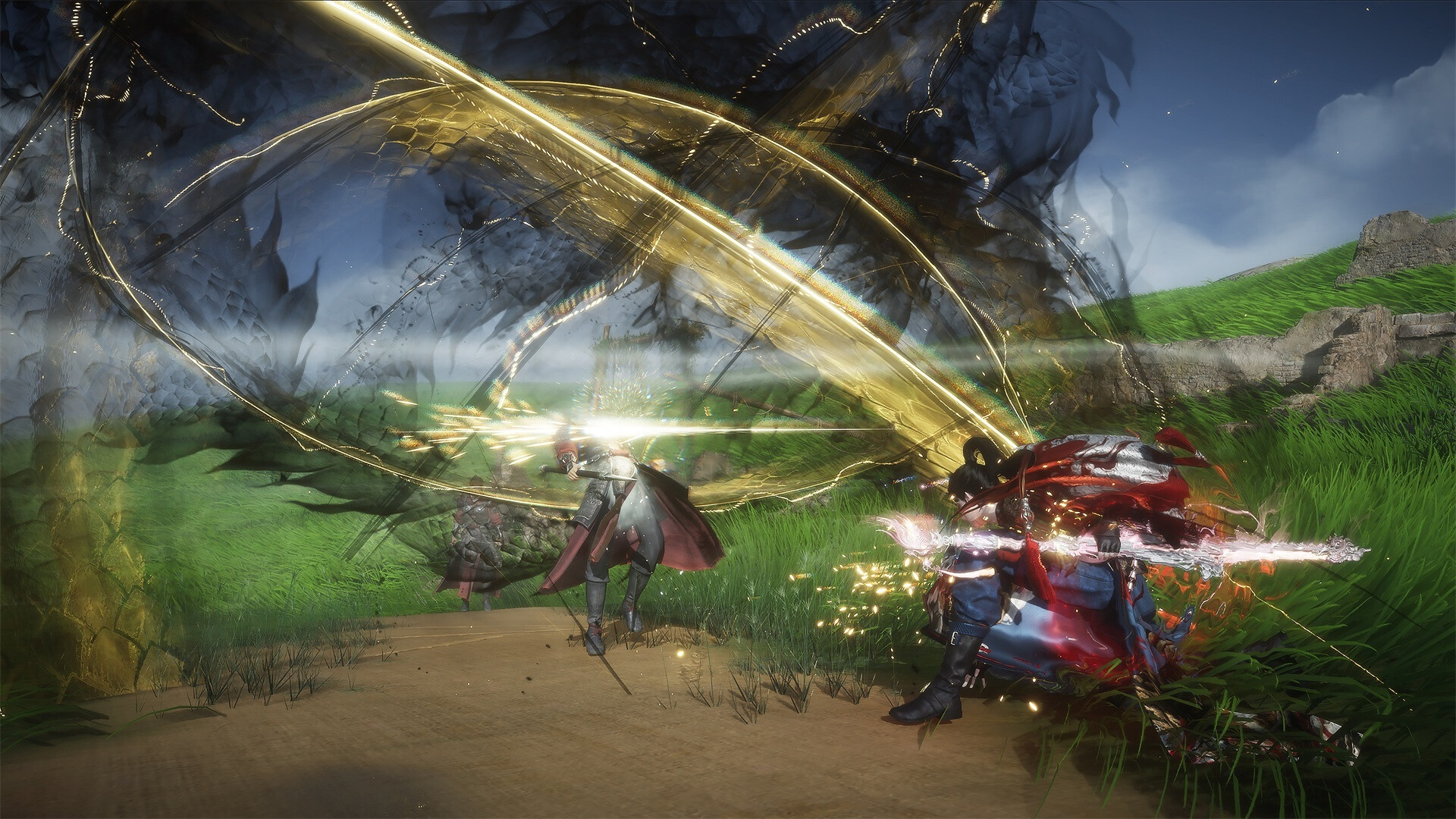 Combat encounter showcasing martial-arts skill effects